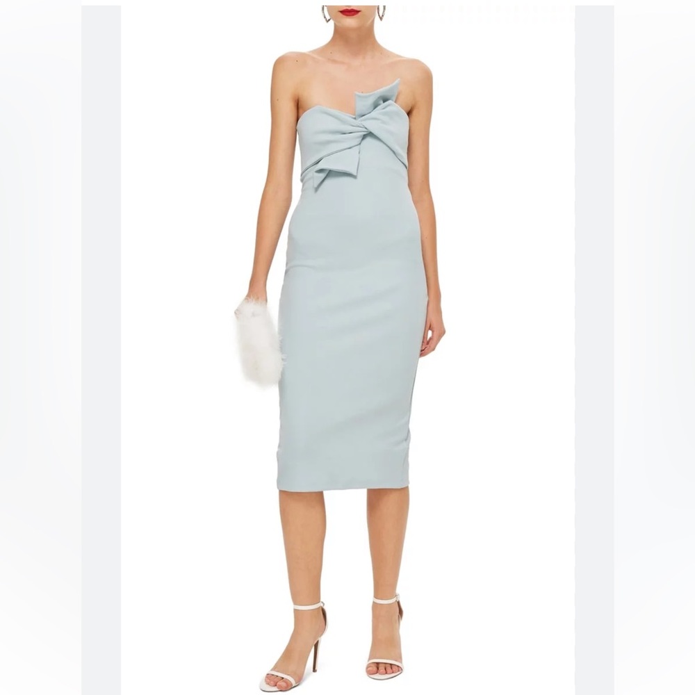 NWT Topshop Bow Twist Textured Midi Dress in Blue Gray, 12